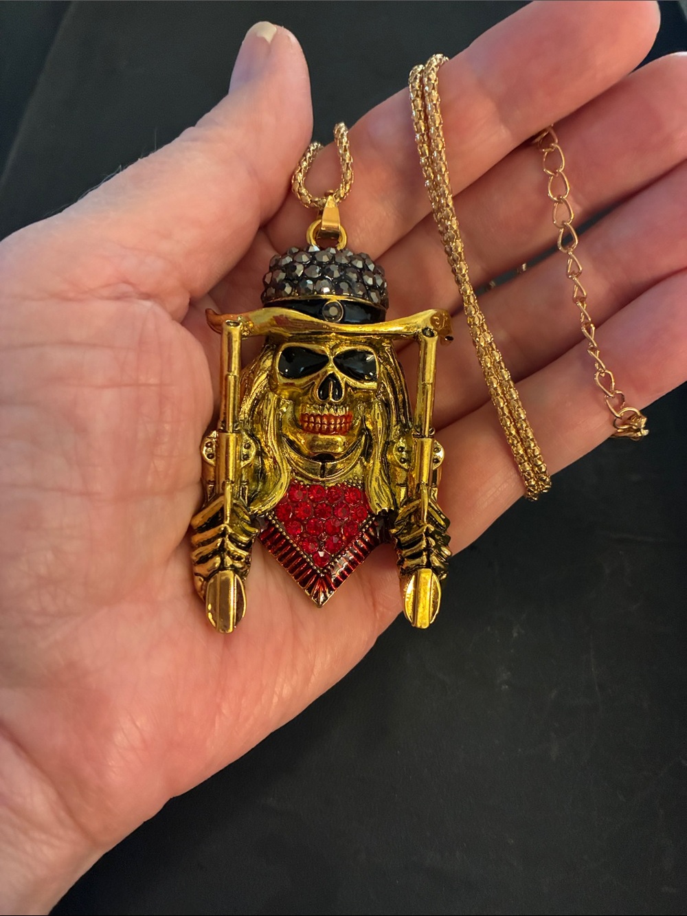 Skull Pendant Necklace with Red Crystal Chest and Black Crystals On His Head - Picture 8 of 8